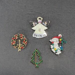 Christmas Pins Brooches Lot Angel Wreath Rhinestone Tree Cat Holiday Festive